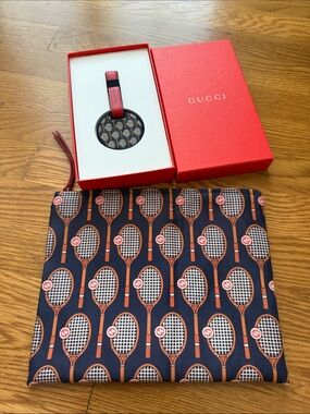 Gucci Boutique Navy & Red Tennis Racket Print Pouch and Luggage Tag Set
